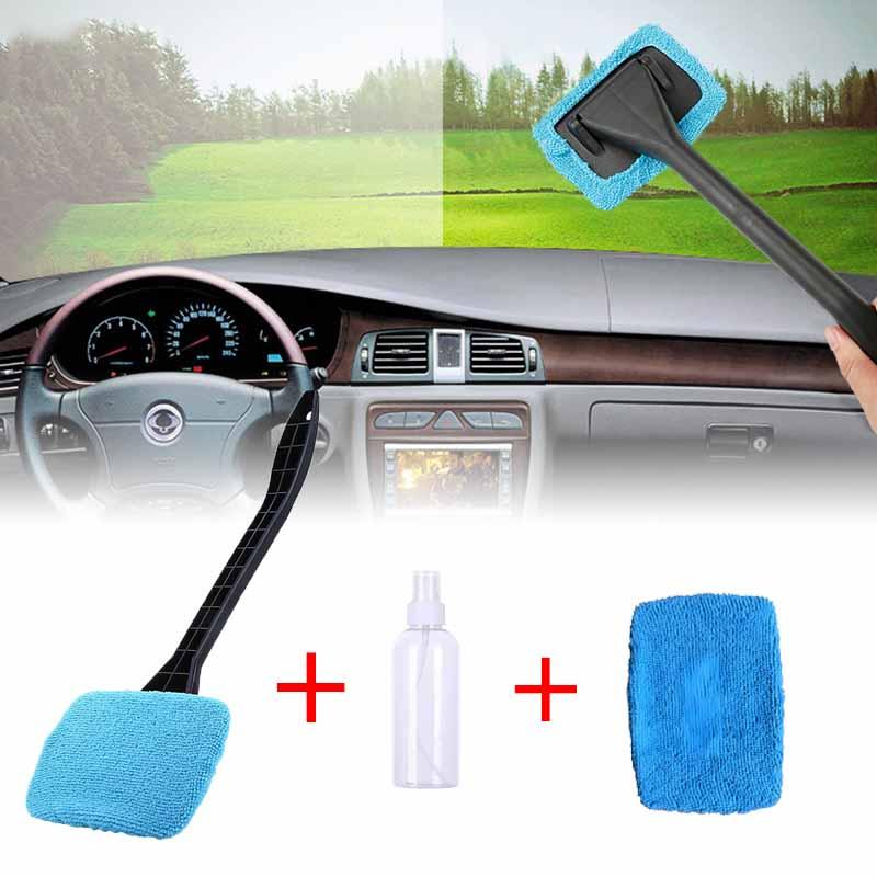 Car Windshield Cleaning Brush, Long Handle Microfiber Rainbrush Cleaner Tool, Deep Window Clean Set with Wiper Slot, 1 Piece + Cloth + 20ML Spray Bottle