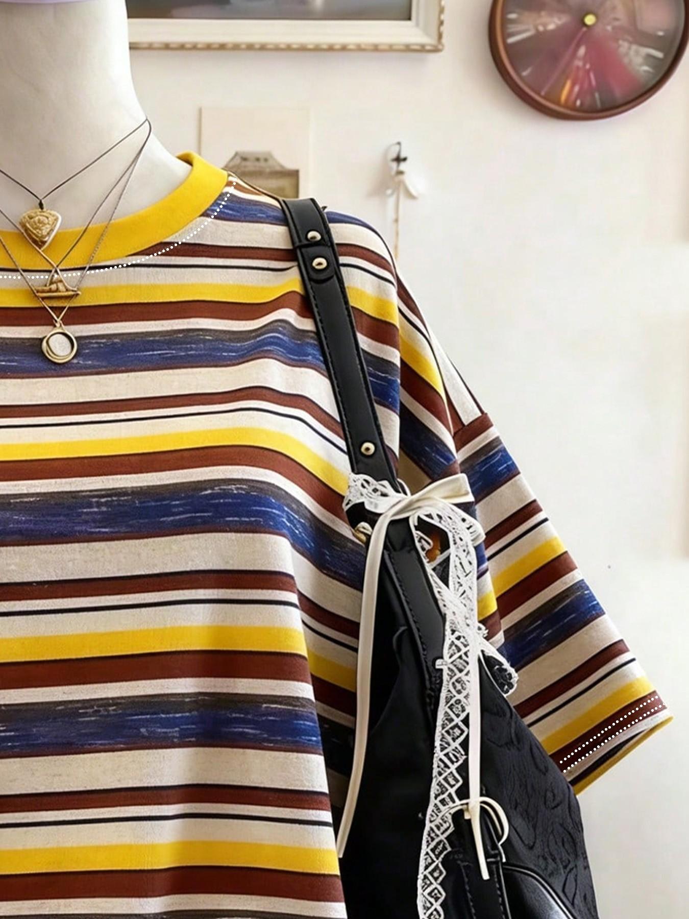 Women's Striped Loose Fit T-Shirt, Short Sleeve Round Neck Digital Print Top, Casual Comfortable Daily Wear, Summer Fashion Basic Tee, Casual Summer Tees