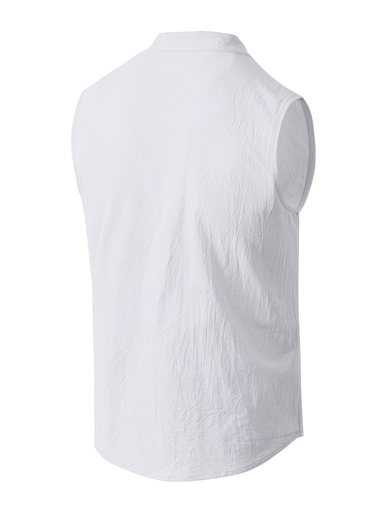 Men's Casual Sleeveless Linen Vest, Breathable Loose Fit, Perfect for Vacation Gym Commute, Stand Collar Plain Top