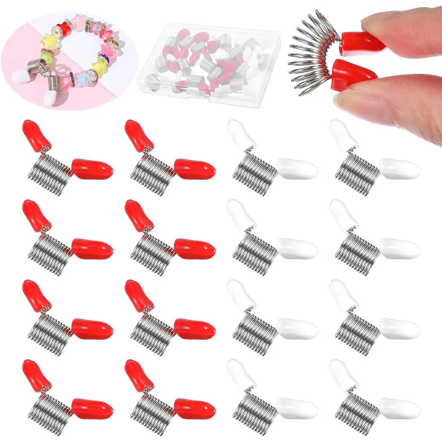 16 count Spring Clamps for  Making, Beading Stopper, Spring- Stopper Beads with Red Handles, Creative Beading Wire Ends to  Beads from Falling (Red, White)