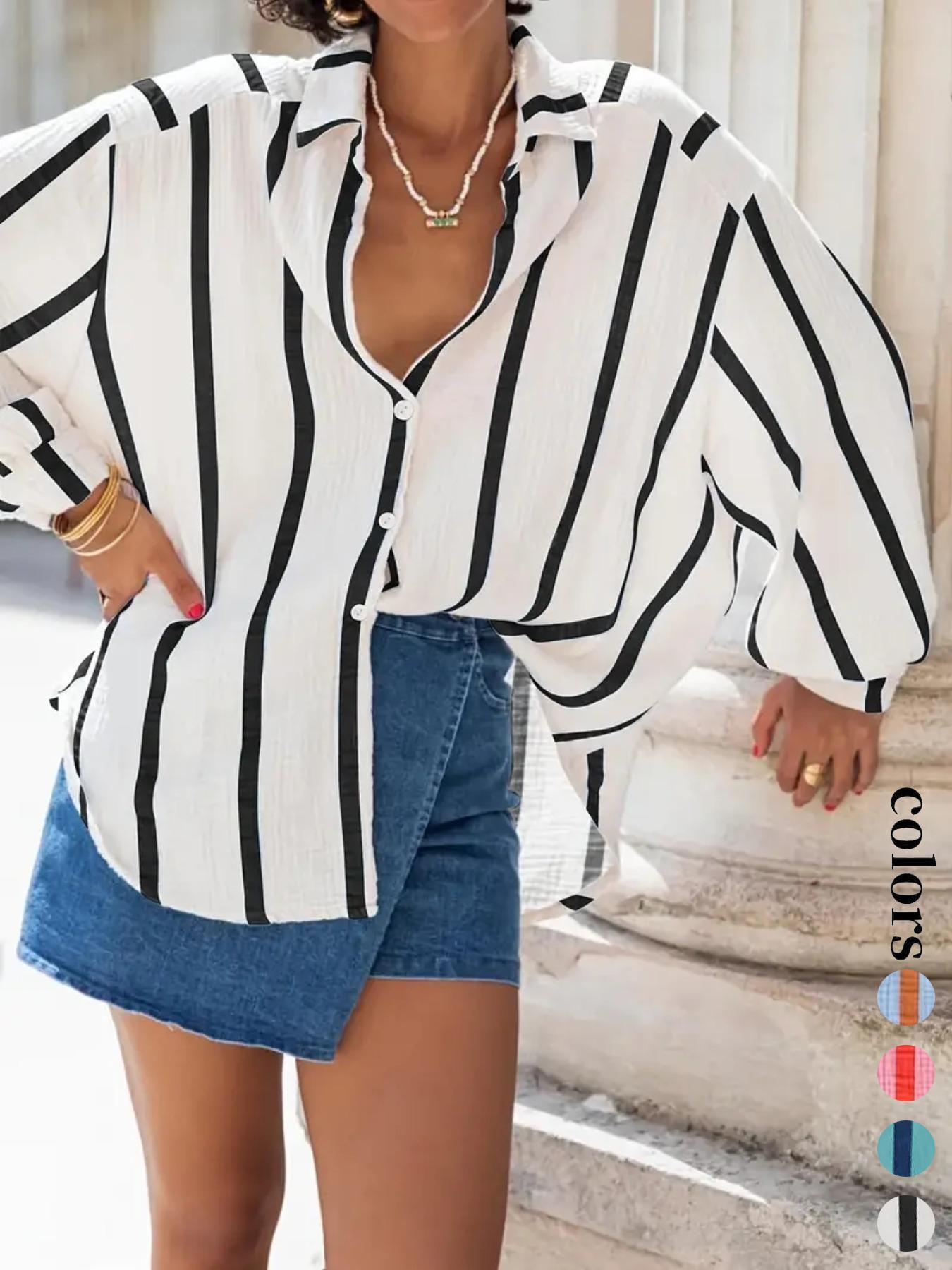 Women's Striped Print Long Sleeve Shirt Blouse, Elegant Casual Fit Button Front Top for Daily Wear, Ladies Clothes for All Seasons