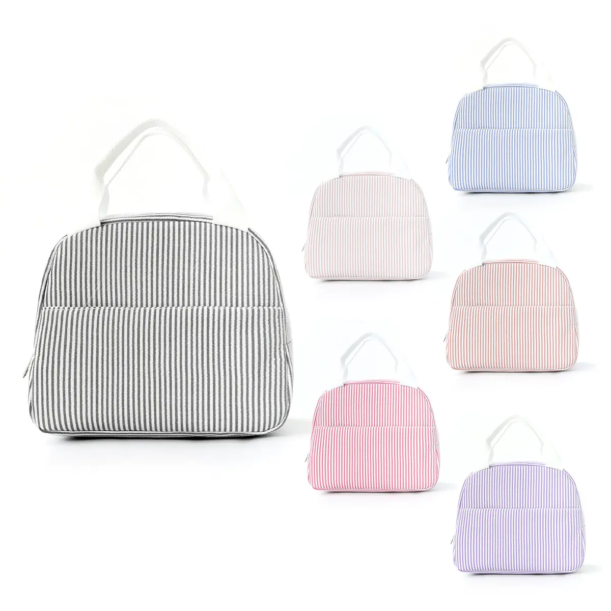 Insulated Seersucker Lunch Tote Bag - Chic Cute, Handheld Size, Stripe Pattern, Lightweight, Spacious, Casual Style, Insulated Liner, Portable Daily Essential for Work Commuting, Meals, Snacks & Drinks, Tote Bags
