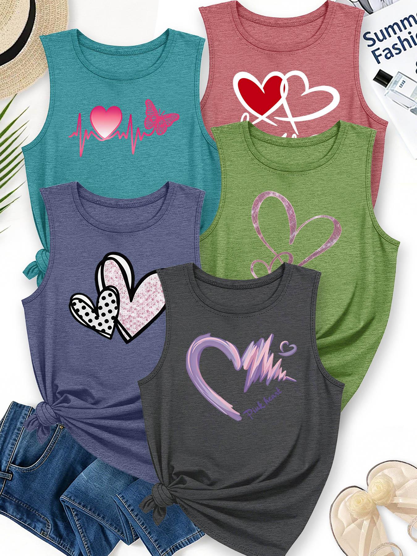 5Pcs Women Crew Neck Sleeveless Tank Tops, Varied Texture Heart Butterfly Sweet Print, Multi-color Washable Spring Summer Top, Soft Skin-friendly Fabric Daily Versatile Fashion Design
