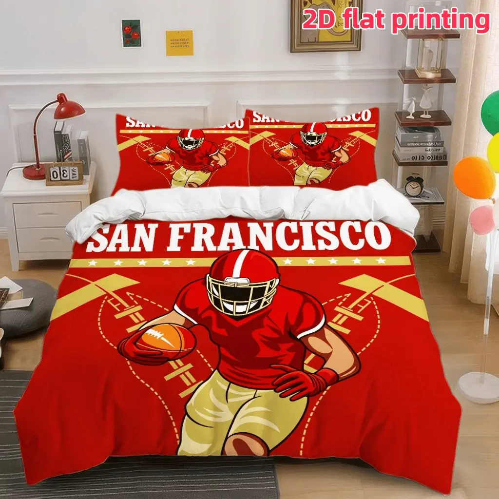 2D Flat 3Pcs American Football Player San Francisco Sports Theme Bedding -Designed for Fans Home Decor, Soft Breathable Duvet Cover (1 Cover+2 Pillowcases, Unfilled)-Suitable Bedroom and Dormitory Room Decoration.