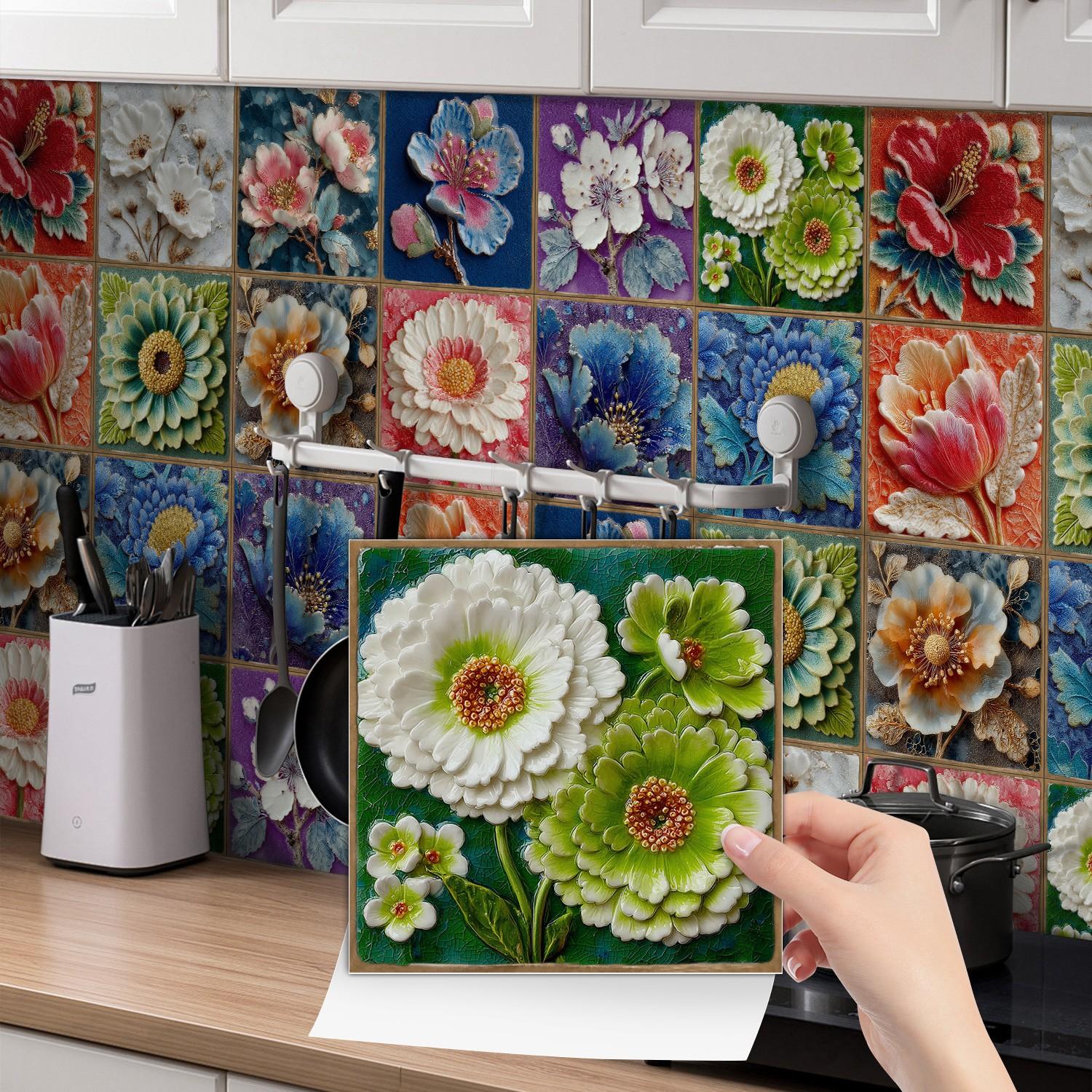 24PCS/Box NHZ 3D Embossed Floral Tile Stickers | Crystal Film Peel & Stick DIY Backsplash | Waterproof Oil-Proof for Kitchen/Bathroom/Furniture/Stairs/Wall Renovation