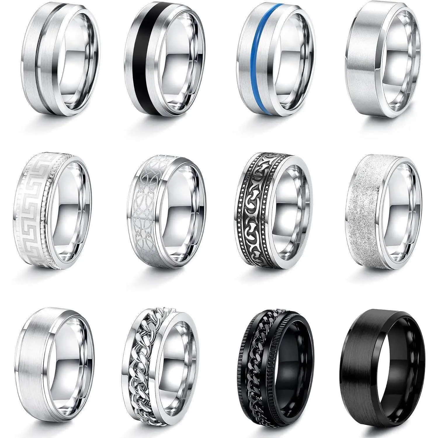 CASSIECA Men's 12pcs 8mm Stainless Steel Stackable Rings Set, Matte & Polished Bands, Vintage/Chain/Bottle Opener Designs, Gift Ready, Sizes 7 13, Ideal for Men's Jewelry Daily Accessories Sohochic