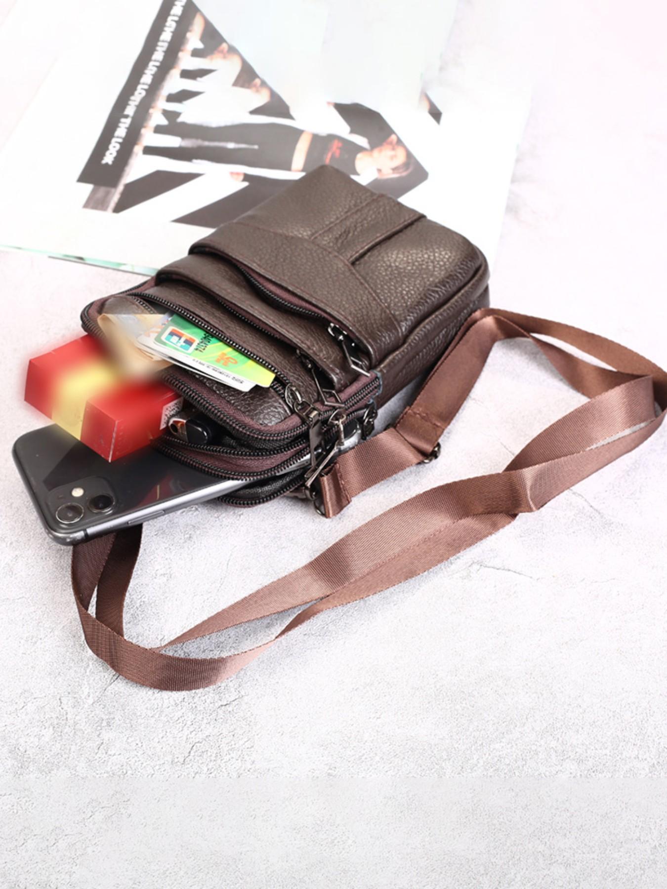 Men's Genuine Leather Phone Waist Bag, Waist Pack, Multi-Zipper Crossbody Belt Pouch, Crossbody Belt Bags, Large Capacity Casual Shoulder Bag, All Seasons Fashion Accessory, Cowhide Belt Bag