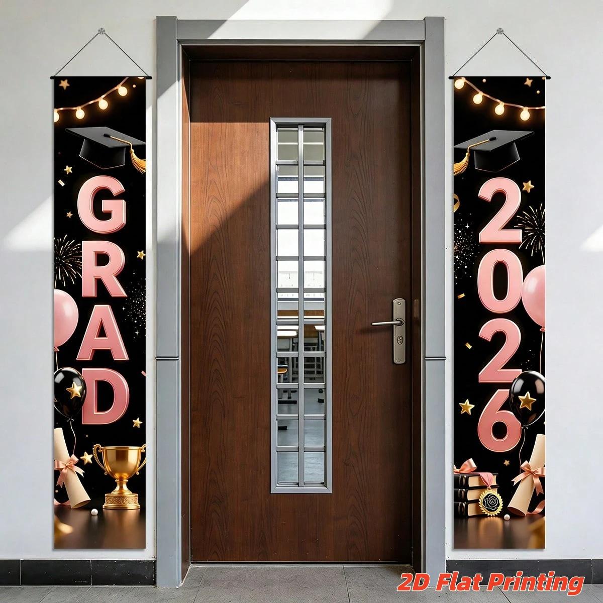 2D Flat Class of 2026 Graduation Decoration Set 1 piece banner + 3 piece door curtain set Polyester material Pink gold bachelor's hat balloon graduation banner 2026 graduation ceremony party photo hanging cloth Campus graduation season atmosphere decorati