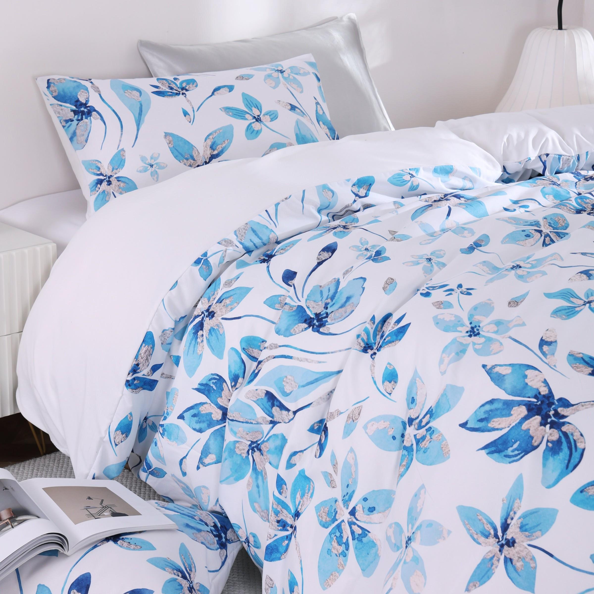 Elegant Blue Floral Print 3-Piece Duvet Cover Set, Includes 1 Duvet Cover + 2 Pillowcases (Without Insert), Elegant & Soft, Machine Washable for Easy Care