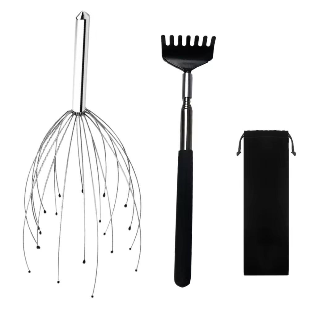 Stainless Steel Octopus Head Massager Set with Telescopic Back Scratcher, Adjustable Scalp Massage Tool Kit with Velvet Storage Bag for Stress Relief Relaxation