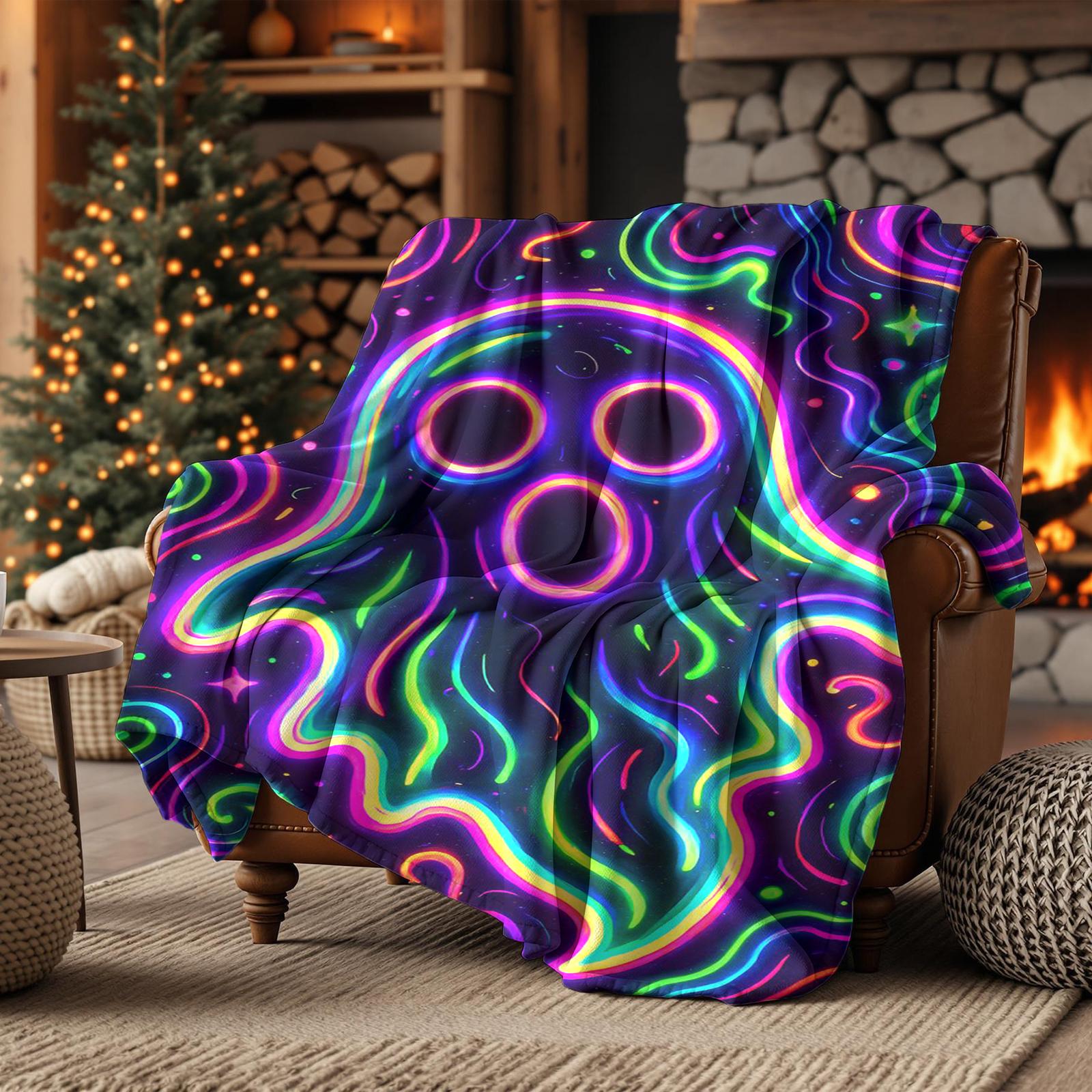 Neon Trippy Rainbow Ghost Throw Blanket, Blacklight UV Reactive Psychedelic Swirl Spooky Spirit Flannel Blanket, Indie Weirdcore Glowing Cartoon Halloween Decorative Sofa Cover, Soft Cozy Plush Blanket for Teen Boys Girls EDM Bedroom