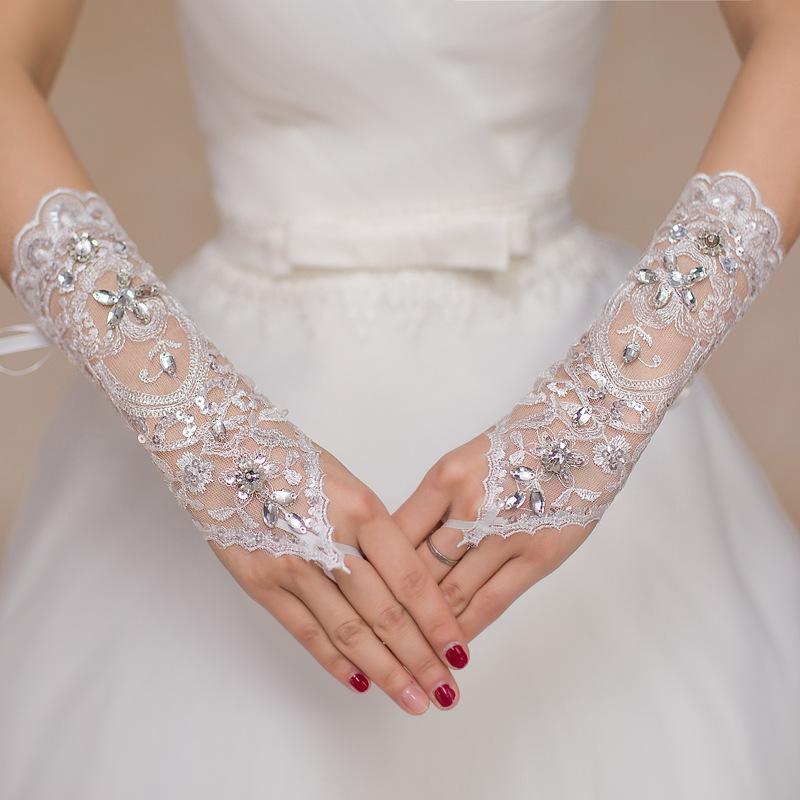 1 Pair White/Red/Beige Bridal Gloves Elegant Short Paragraph Rhinestone White Lace Glove Beautiful Wedding Accessories