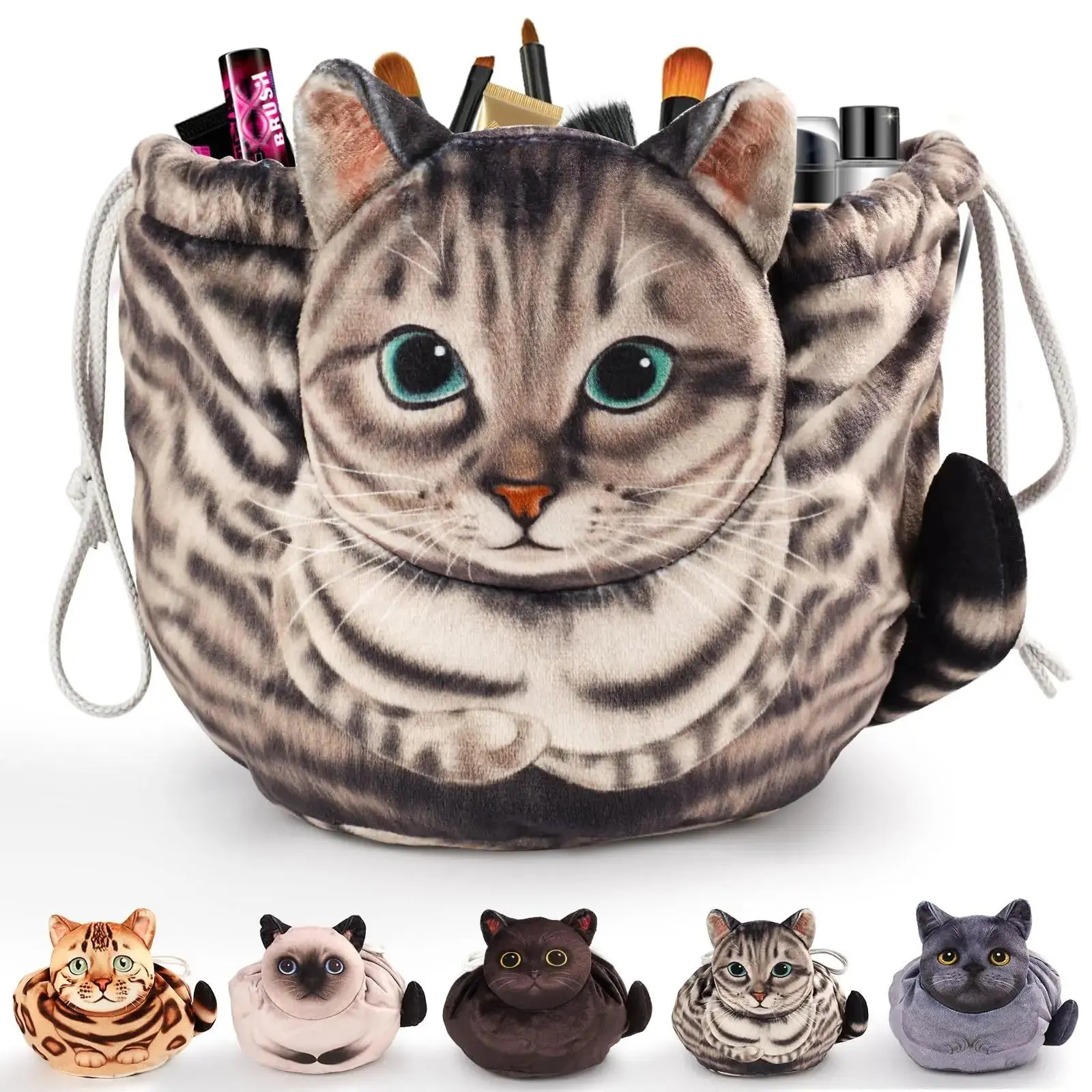 Cat Lover Animal Cosmetic Bag - Drawstring Foldable Travel Organizer, Lay-Flat Base Makeup Storage Pouch, Portable Toiletry Holder, Multi-Use Pouch, Charming Gift for Women (Sports & Outdoor Essentials)