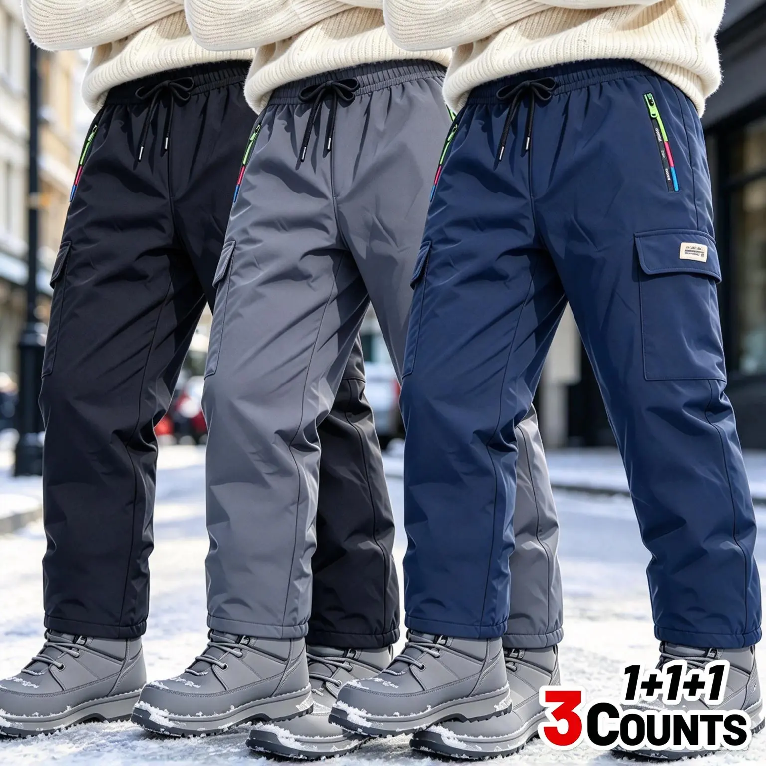 Men's 3-Pack Fleece Lined Cargo Pants, Thick Warm Winter Trousers, Elastic Drawstring Waist, Decorative Zipper Accents, Flap Pockets, Windproof Outdoor Snow Pants for Cold Weather