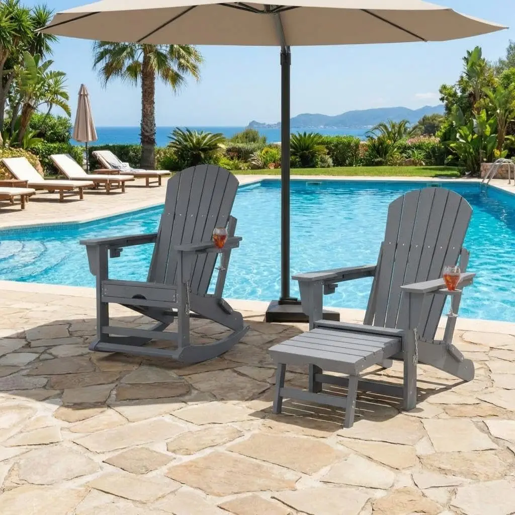 GARVEE Folding Adirondack Rocking Chair for Porch with Two Cup Holders, Durable HDPE All-Weather Outdoor Rocker Chair for Comfortable Relaxation