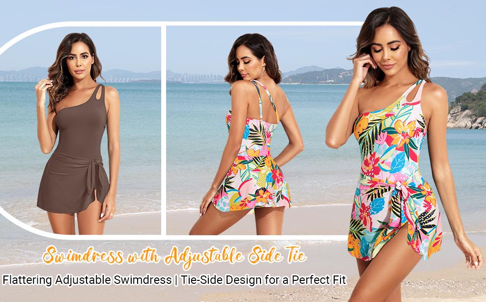 Daci One Piece Swim Dress - Women One Shoulder Tummy Control Swimsuit with Skirt Skirted Bathing Suit Swimdress