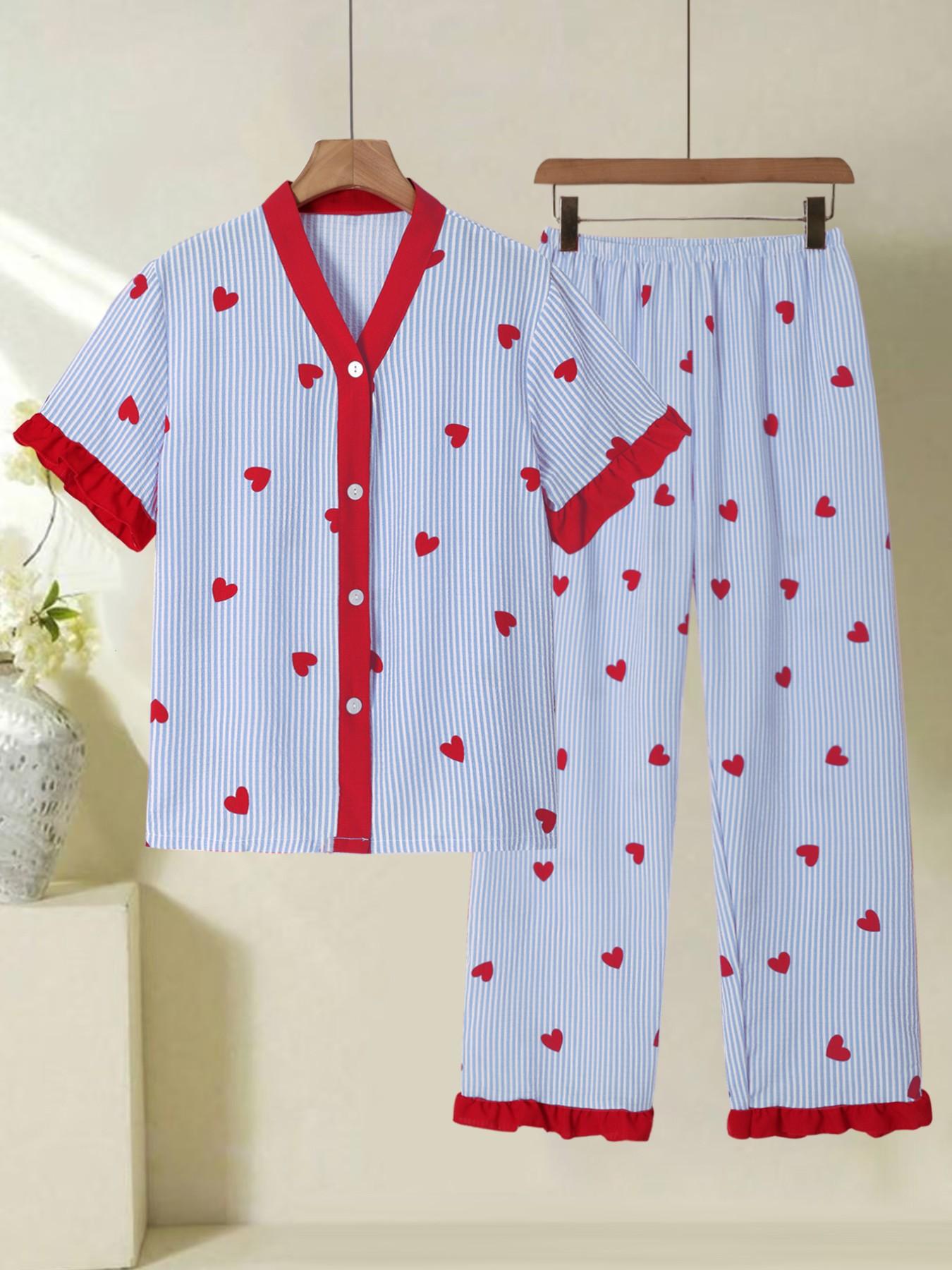 Women's Cute Pajama Sleepwear Set, Heart Pattern V Neck Button Short Sleeve Top & Pants, Lightweight Polyester Loungewear Homewear