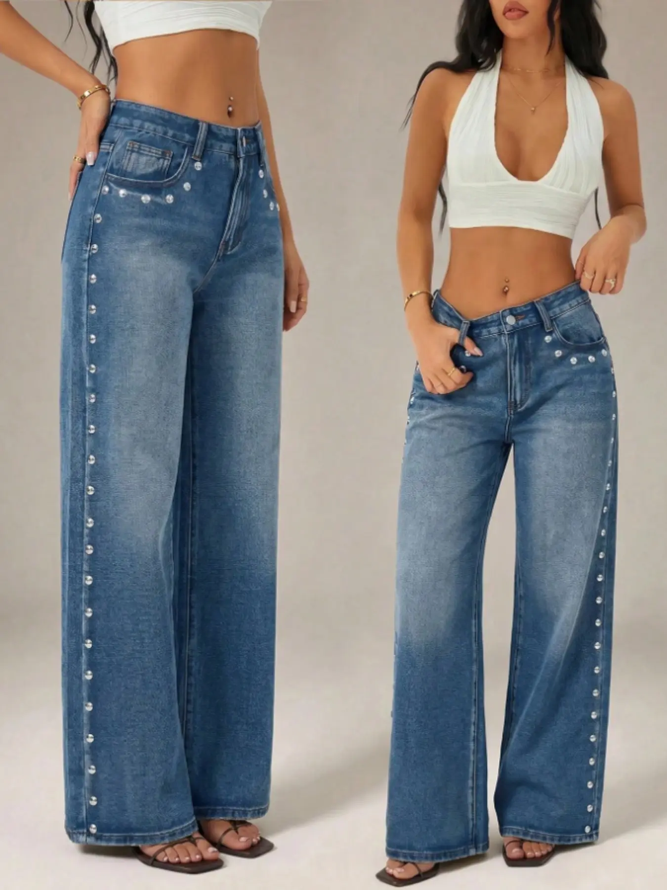Women's Vintage Washed Blue Jeans with Silver Color Rivets, Mid-Low Waist, Y2K Style, Perfect for Daily Wear, Office, Dating