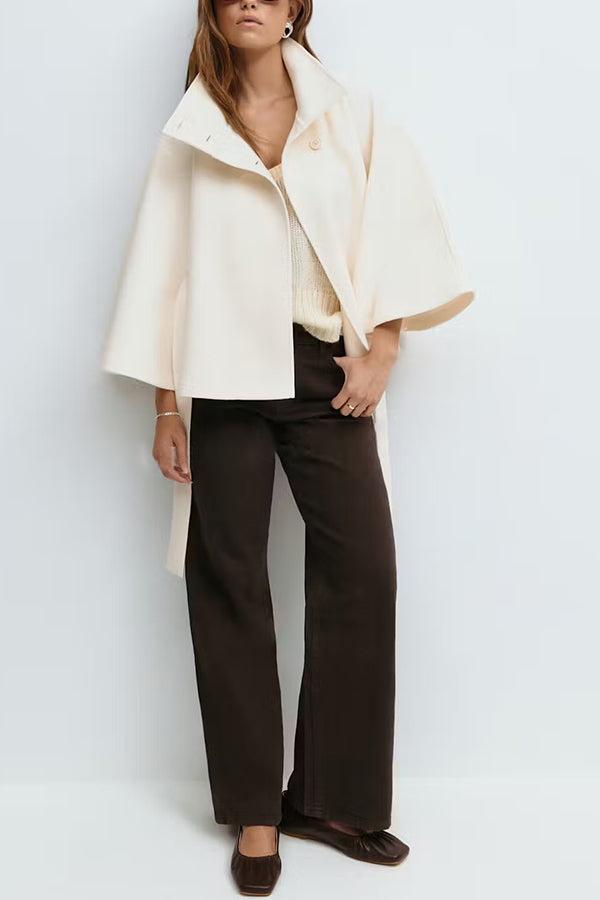 Women's Plain Front Buckle Belted Woolen Cape Coat, Casual Fall & Winter Outerwear, Stylish Daily Wear for Dating, Button