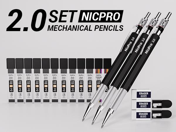 Nicpro 2mm Metal Mechanical Pencil Set with Case, 3Pack Lead Pencil Holder 2.0 mm with 144Pack Lead Refills (4H 2H HB 2B 4B 6B Color), Eraser, Sharpener for Drafting Writing Drawing Sketching