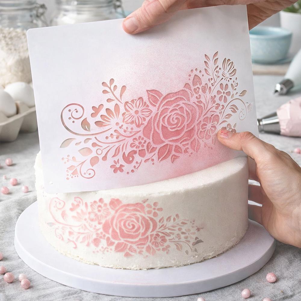 Reusable Rose Floral Cake Stencil Template, Food Grade PET Template for Sugar Cream, Fondant & Home DIY Painting