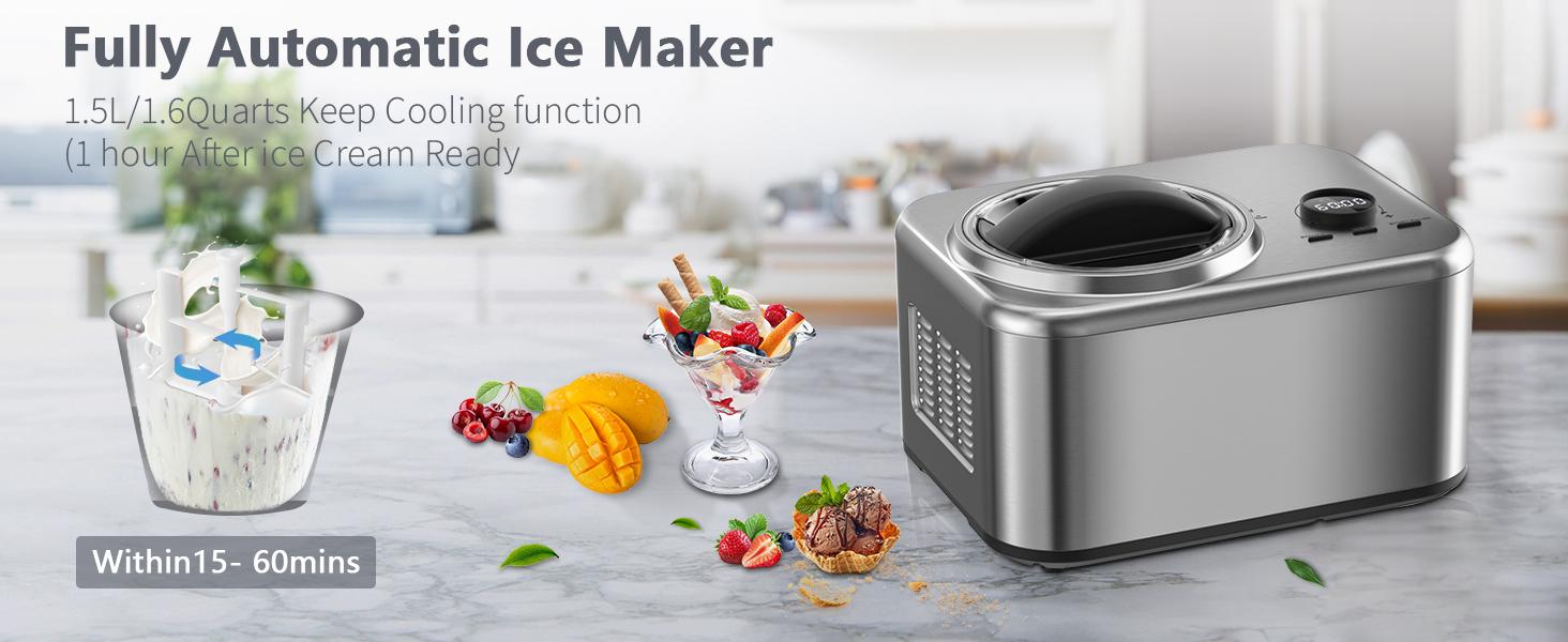COWSAR 1.6 Quart Automatic Stainless Steels Ice Cream Maker with Built-in Compressor, No Pre-freezing, Fruit Yogurt Machine with LCD Display & Timer, Removable Ice Cream Bowl, Easy Clean