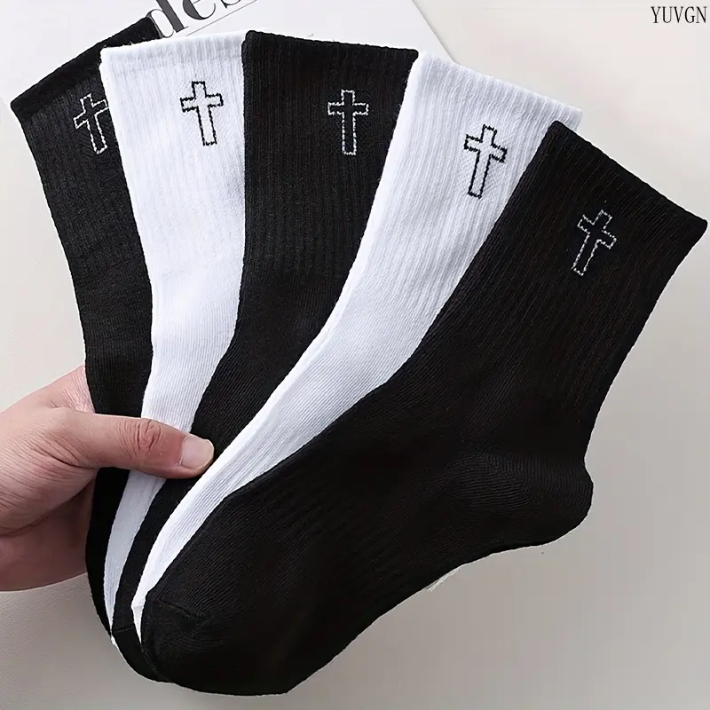5‑Pack Cross‑embroidery Mid‑Calf Knit Socks, Classic Black‑white Casual Crew Socks, Aesthetic Street‑style Foot‑wear for Daily, Street Outfit Matching