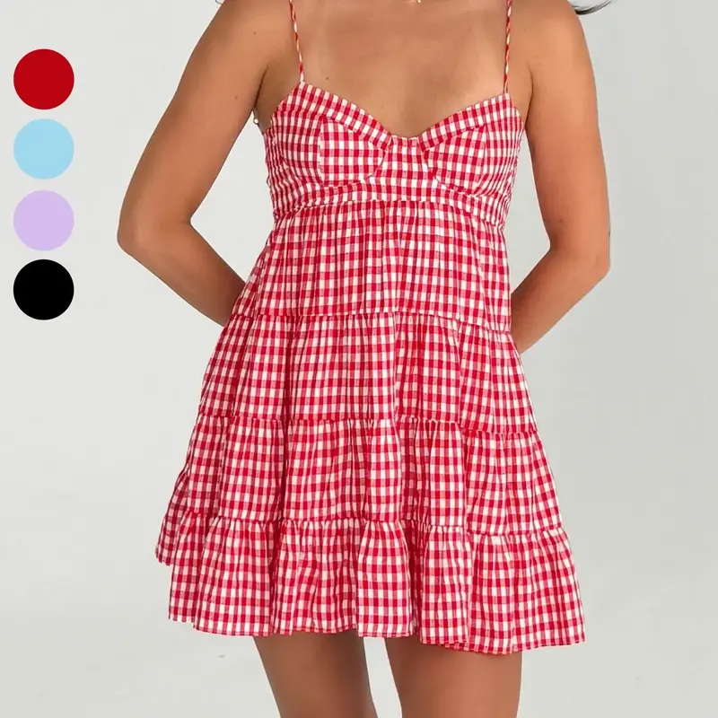 Women's plaid camisole backless strap Sleeveless dress - casual daily - suitable for summer Casual Everyday Wear dresses