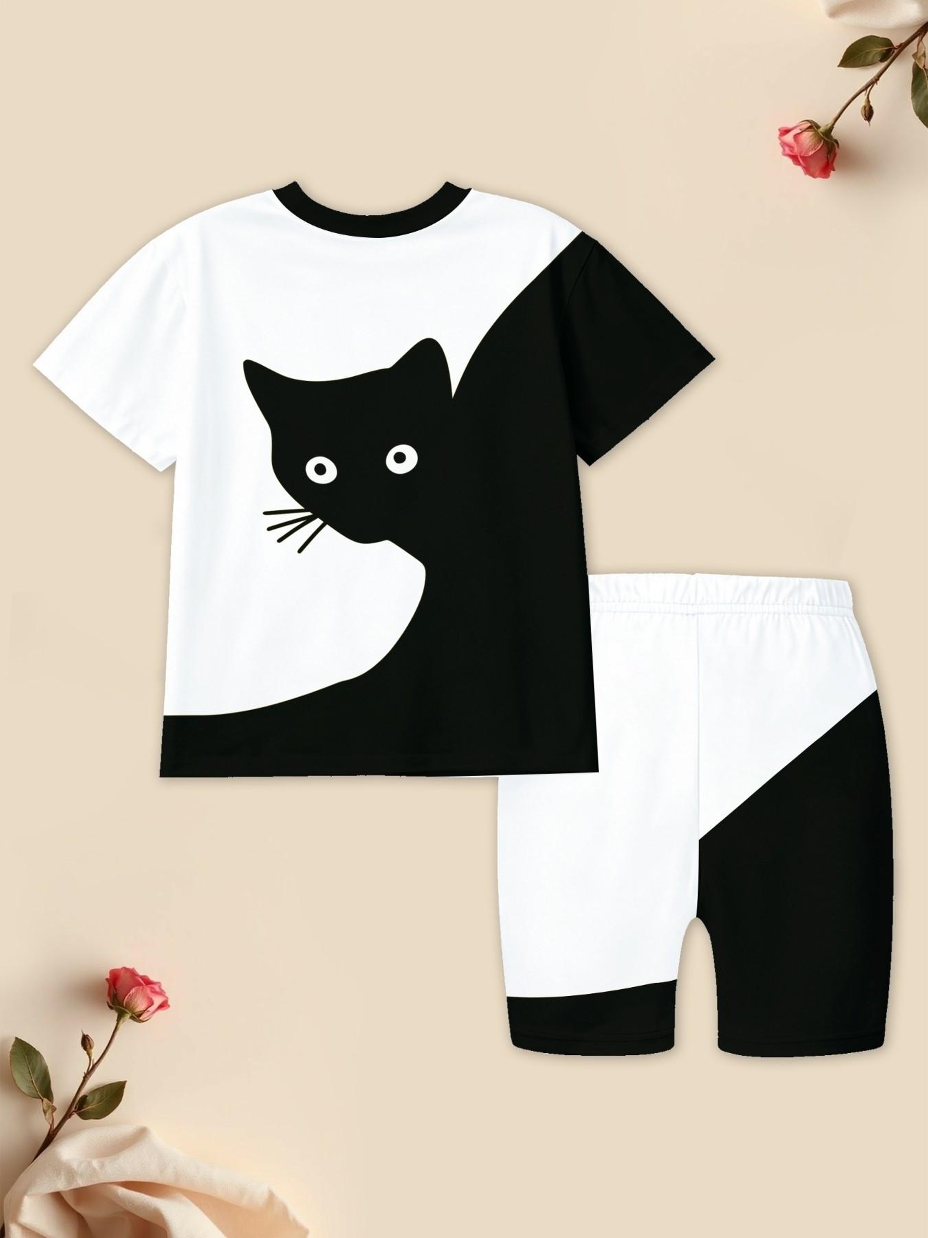 Korean Style Girls Cartoon Cat Colorblock Short Sleeve & Biker Shorts Set Summer Soft Kids 2Pcs