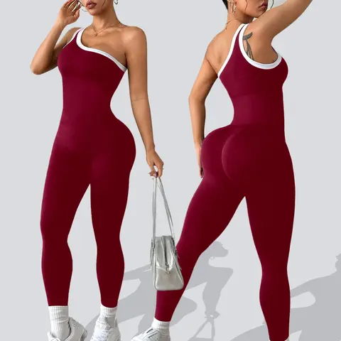 Women's Colorblock Asymmetrical Neck Sleeveless Knit Yoga Jumpsuit, Stretchable Activewear, Stretchy Jumpsuit, Sportswear Jumpsuit, Workout Jumpsuits, Casual Slim-Fitting All Seasons