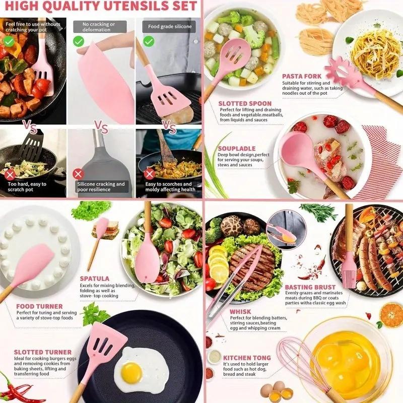 SpringBreak Kitchen Knife Set with Heat-Resistant Silicone Cutlery & Wooden Handles - Includes Chef Knife, Easy to Clean - Ideal Gift for Women on New Year, Valentine's Day and More Cookware Pink Utensils Cooking pots pans set Modern Home Grey Nonstick