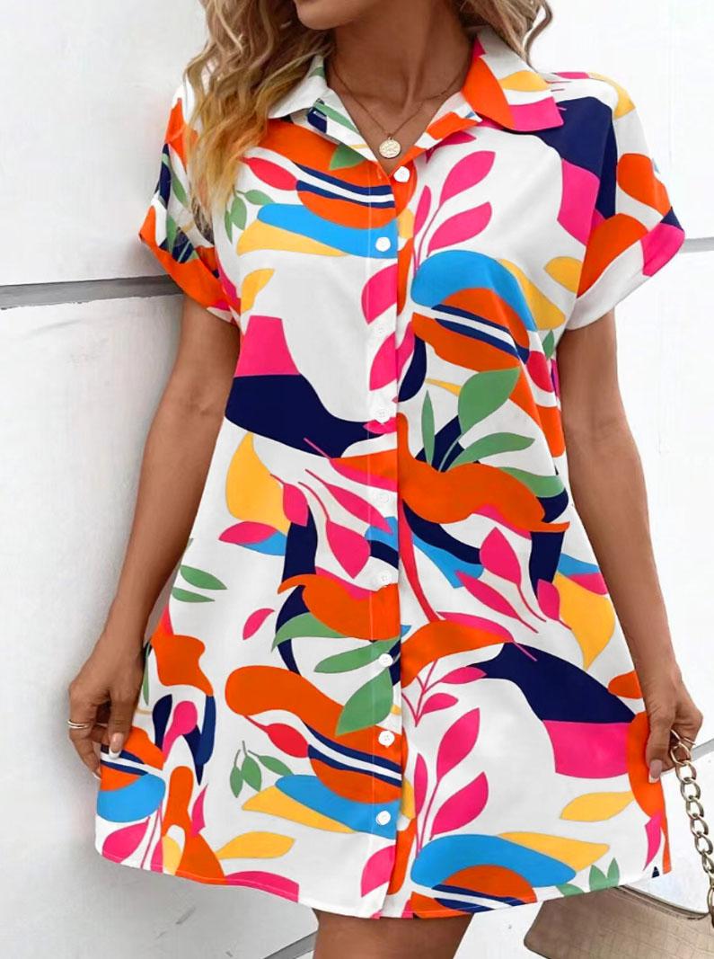 Plus Size Lapel Short Sleeve Shirt Dress, Botanical Print, Loose Curvy Friendly Mini Dress