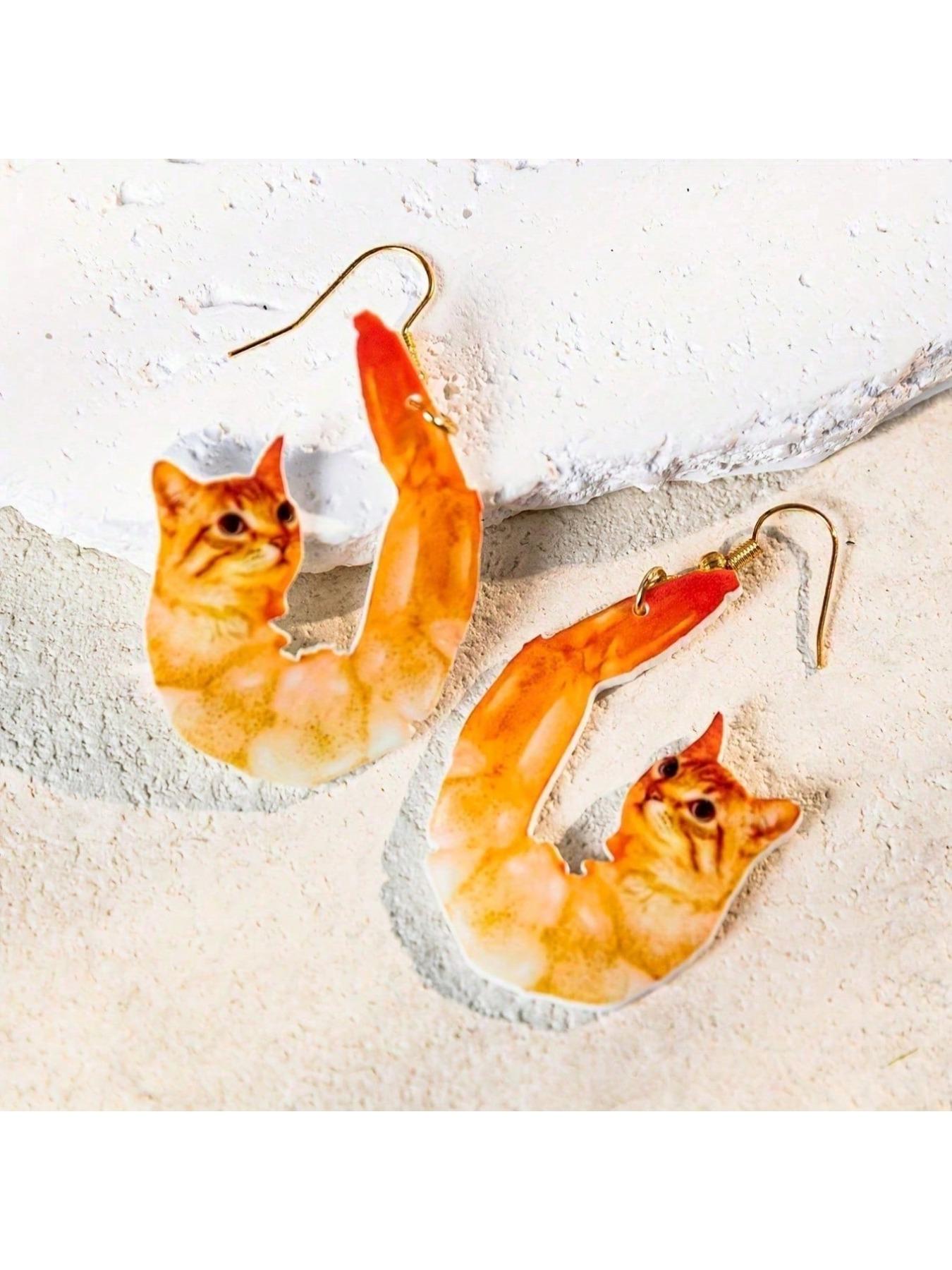 a pair of acrylic pendant earrings, cat shaped shrimp earrings - bright orange yellow pendant earrings, lightweight holiday women's jewelry, beach party and carnival gifts, tropical style earrings, vacation accessories