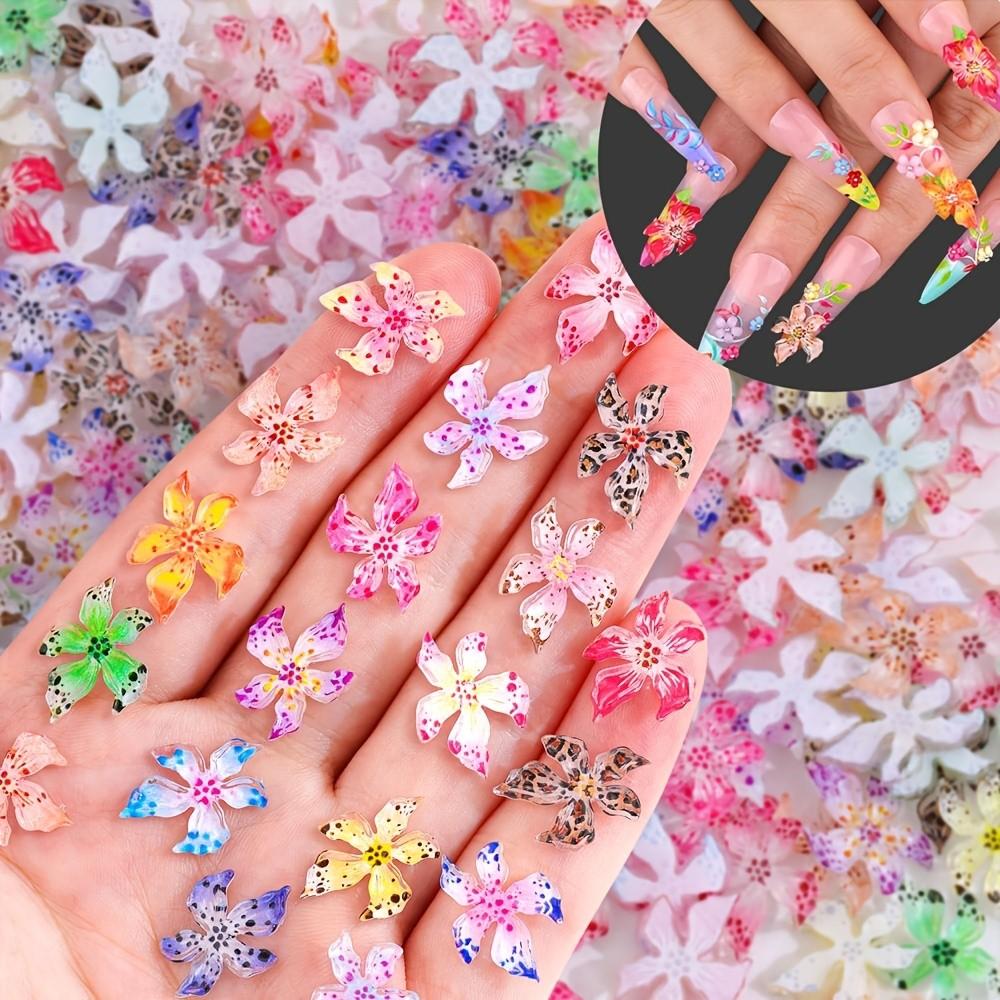 50 Resin Flower Nail Art Decorations, 1.2-1.4cm, Soft Elastic, Vibrant Colors, Leopard Print, Non-Fading 3D Nail Accessories, DIY, Salon, Home Use
