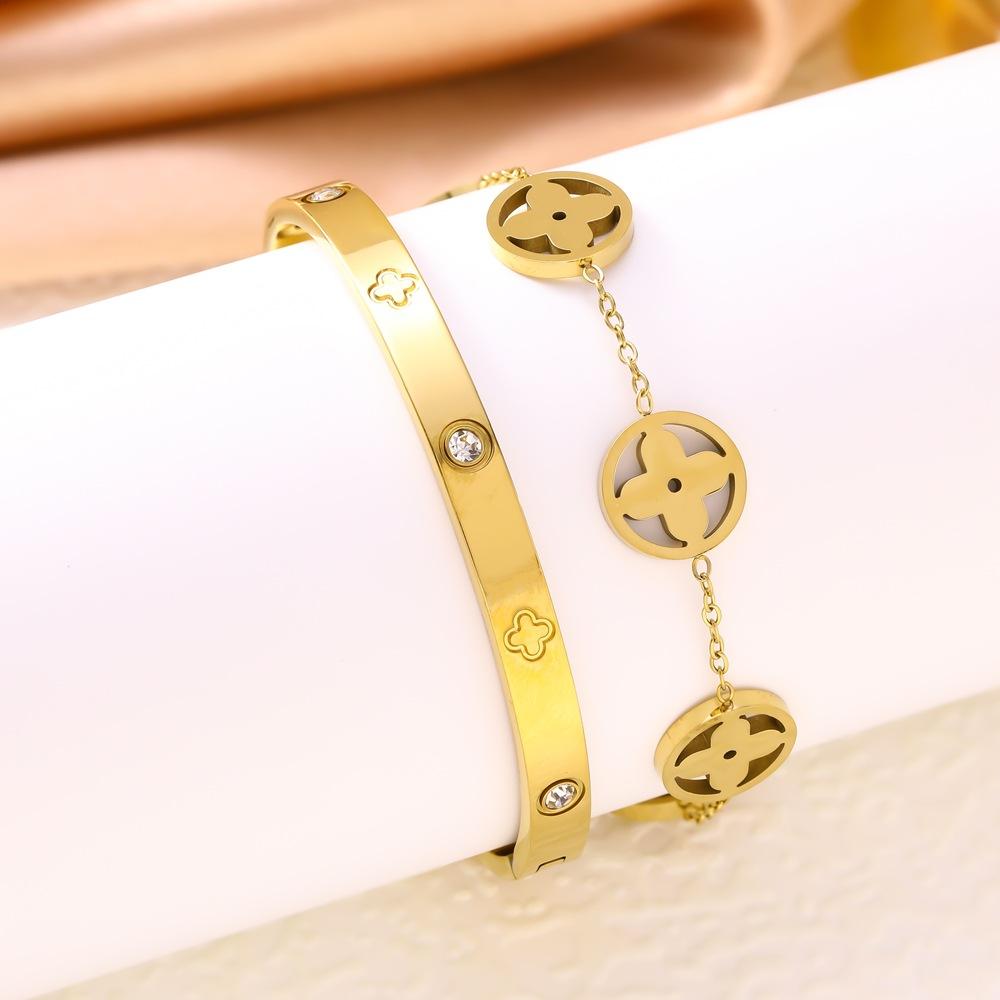 Gold Tone Clover Charm Bracelet & Bangle Set for Women, Dainty Flower Link Bracelet with CZ Bangle, Elegant Everyday Jewelry