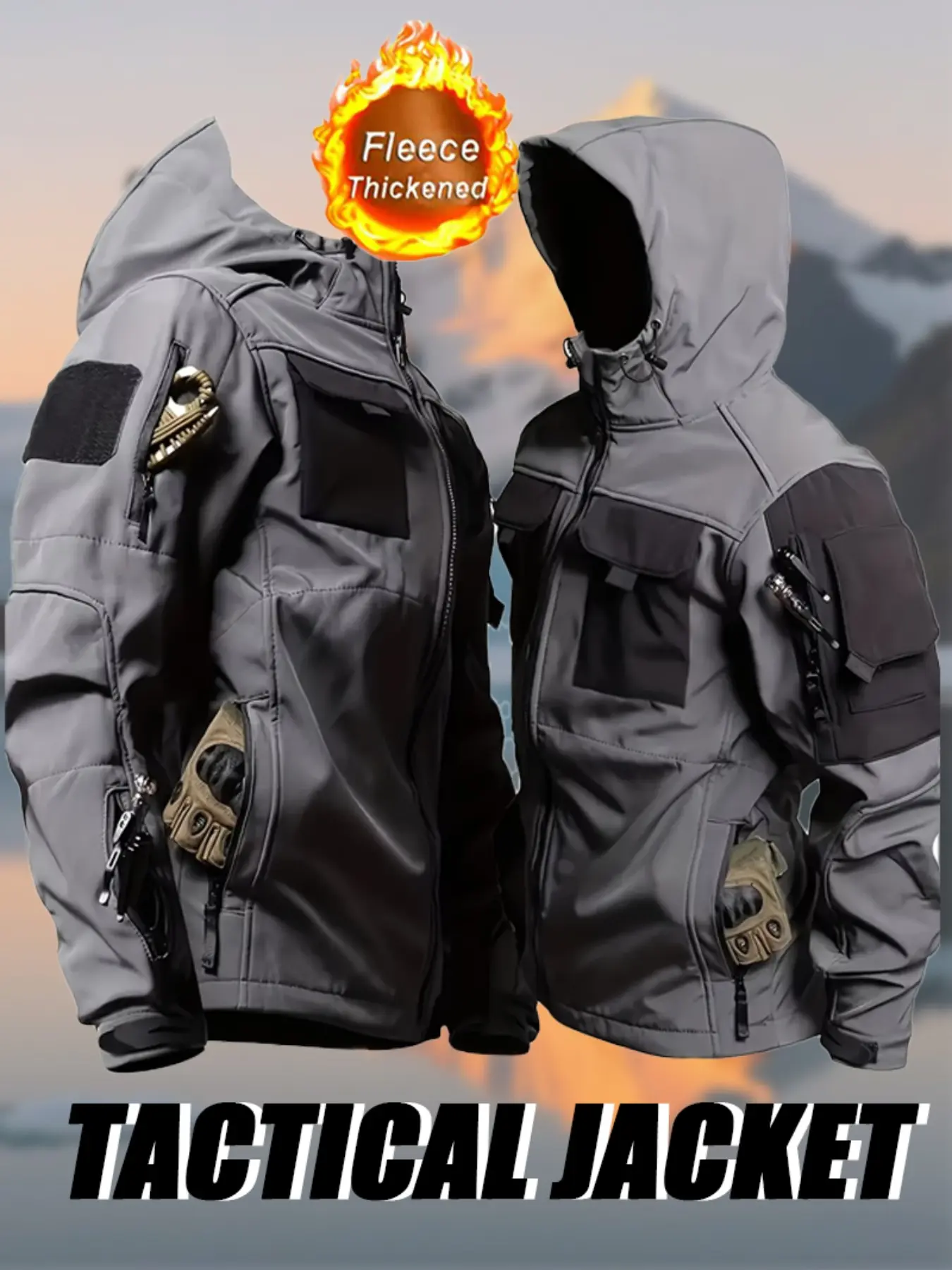 New autumn and winter men's tactical outdoor windproof full-zip jacket, with multiple pockets, fleece-lined and thickened for warmth, hooded, Sports Hooded Jacket, abrasion-resistant jacket for hiking, camping, fishing, and adventure.