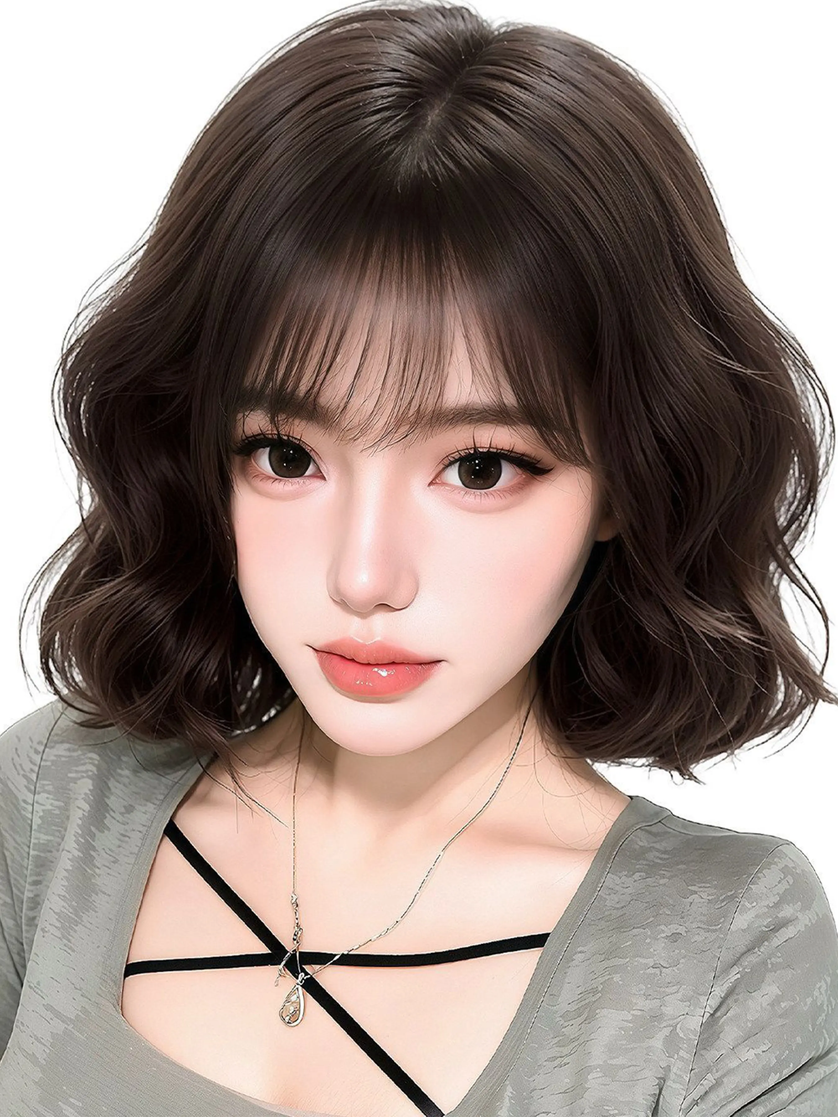 Wool Curly Full Head Wig with Large Size Realistic Scalp, Short Curly Wig With Cute Youthful French Bangs ,Full Machine Made Hair Wig for Party Cosplay and Daily Wear