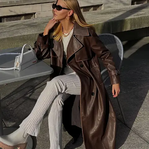 Women's Spring British Style PU Long Jacket, Casual Fitted Windbreaker, Lightweight Elegant Commuter Coat, Comes with Belt, Daily Wear Jackets