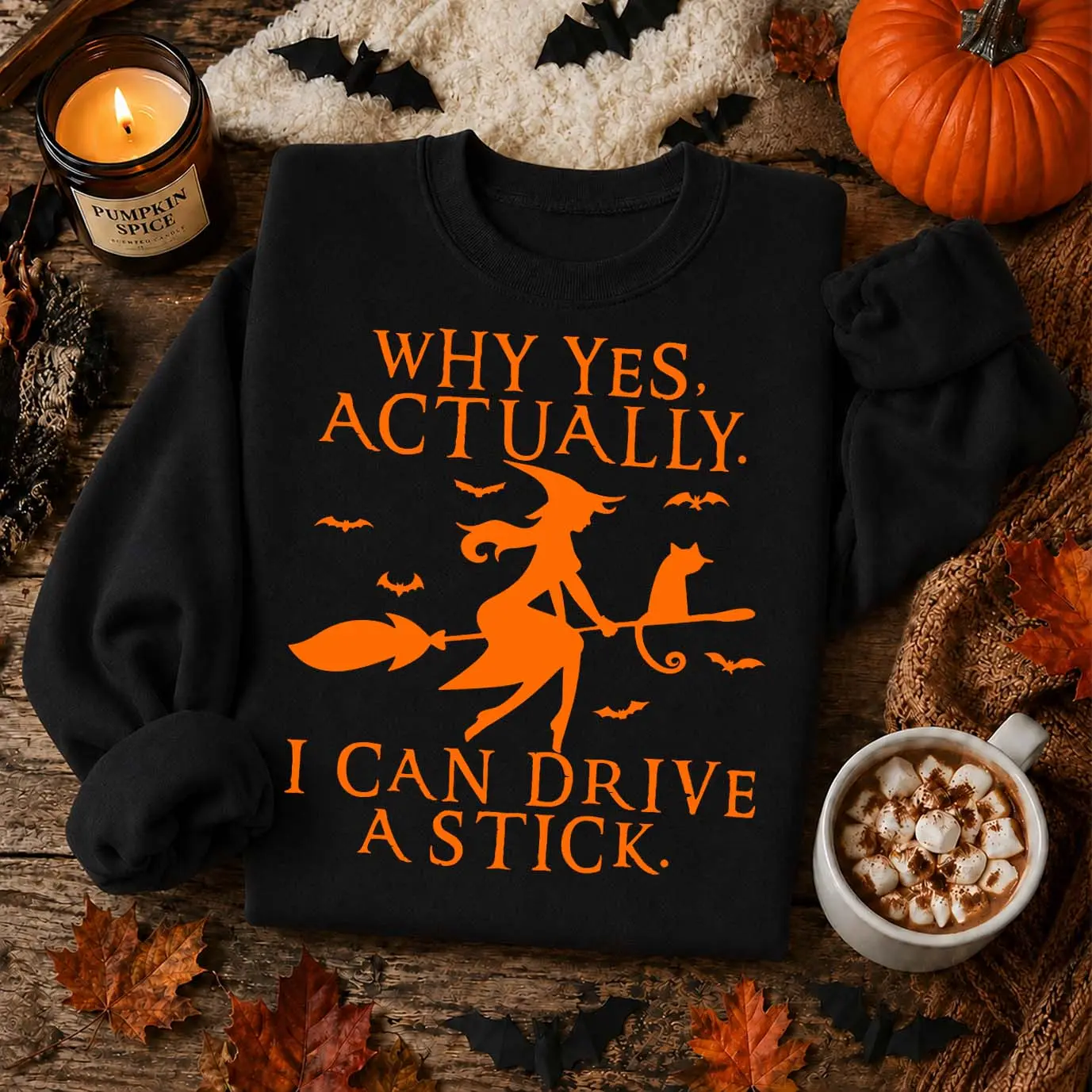 Women’s Funny Halloween Witch Graphic Print Crewneck Sweatshirt - Witch on Broom with Cat & Bat, Minimalist Cozy Fabric Long Sleeve Fall Top, Machine Washable for Halloween Parties & Autumn Gifts