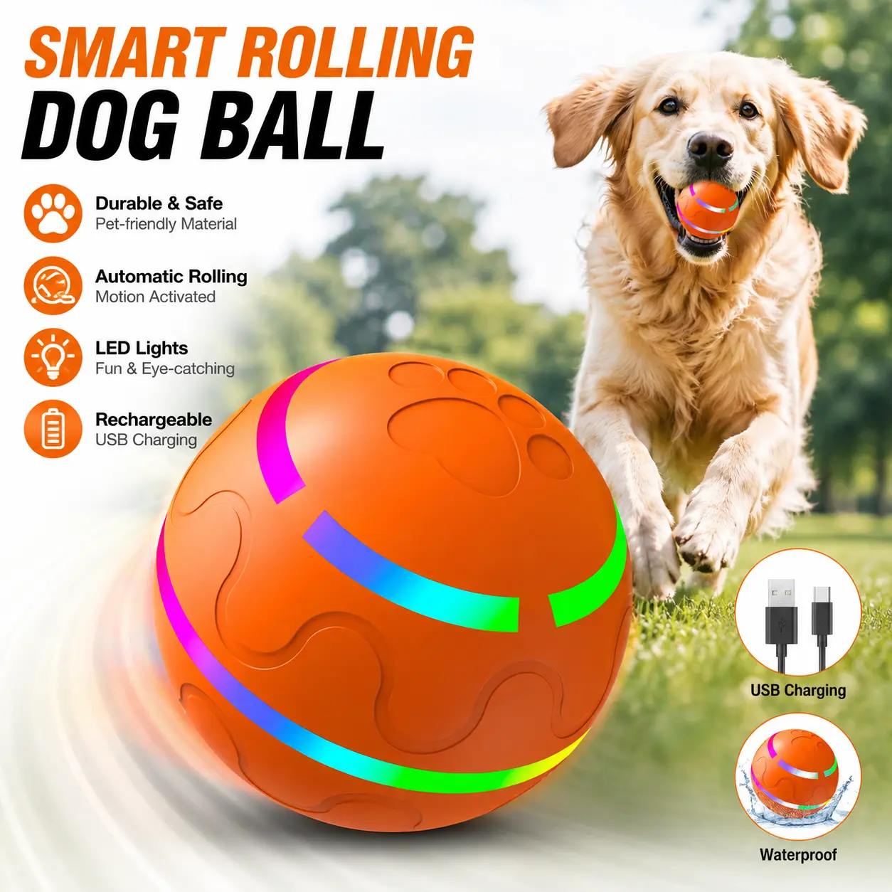 Smart Interactive Dog Toy, TPU Material,Automatic Moving, Bouncing, and Rotating, IPX7 Waterproof Rating, Active Rolling Ball for Puppy, Medium and Large Dogs