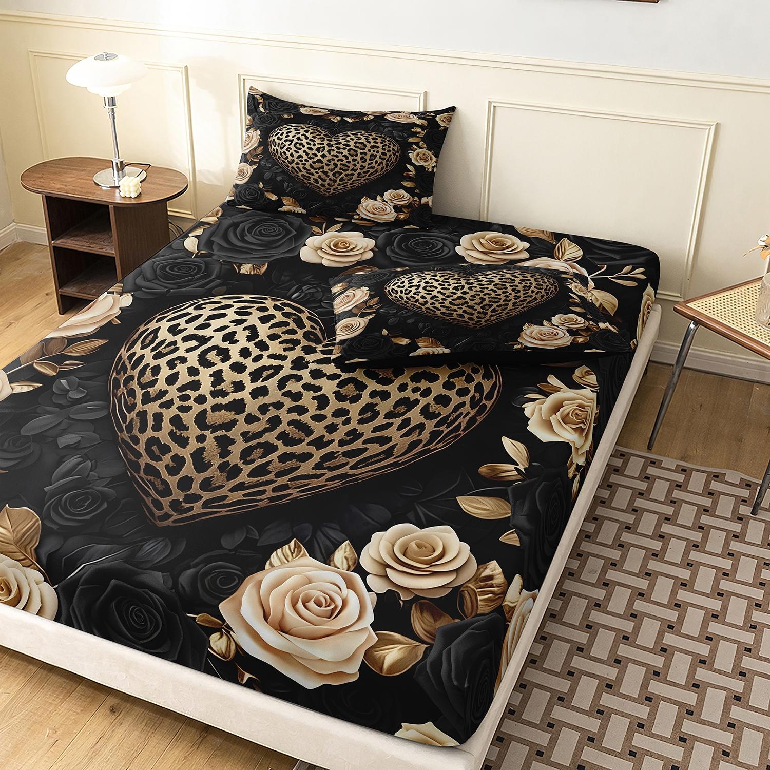 3Pcs Leopard Print Heart Rose Fitted Sheet Set, Soft Microfiber Deep Pocket Non-Slip Bed Sheet with 2 Pillowcases, Luxury Aesthetic Bedding Set for Bedroom Decor