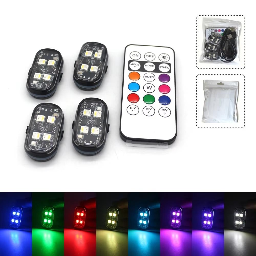 FCCEMC 2/4/6PCS Wireless LED Strobe Lights with Remote Control, Wireless LED Warning Lights 8 Colors USB Charge Drone Car Truck RC Aircraft