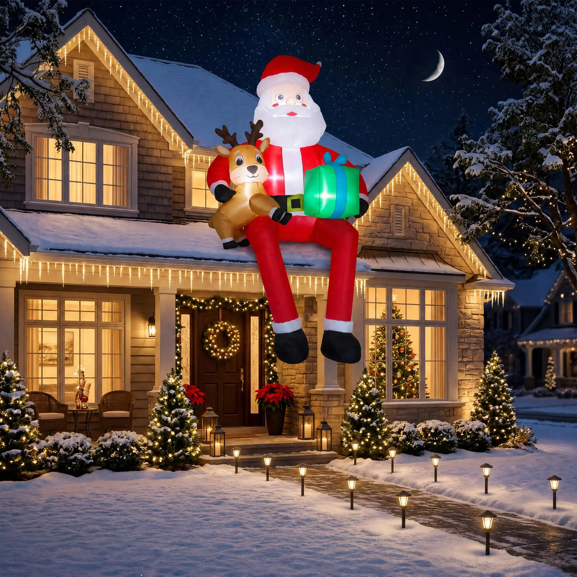 9.5ft Christmas Inflatable Sitting Santa with Reindeer - Outdoor Blow Up Yard Decoration - Built-In LED Lights - Lawn Garden Roof Display