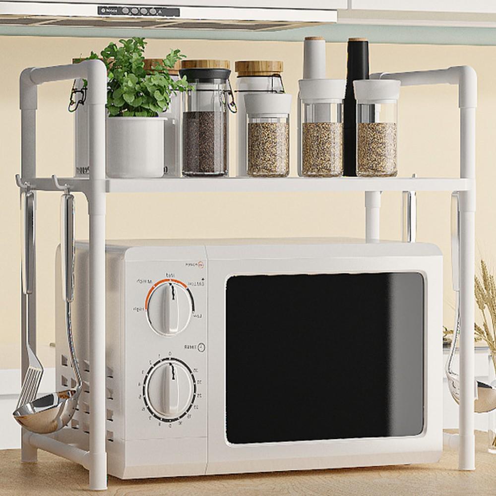 Multi-Functional Kitchen Storage Rack, Microwave Heightened Organizer, Thick Plastic Shelf for Spices & Dishes, Dual-Layer Design, Practical Hooks