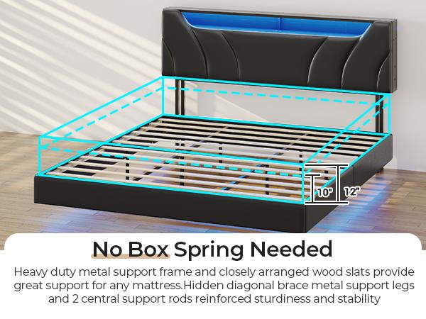 Hasuit California King Floating Led Bed Frame with Hidden Storage Headboard and Charging Station Cal King Size Visual Floating Platform Bed with Led Lights,No Box Spring Needed