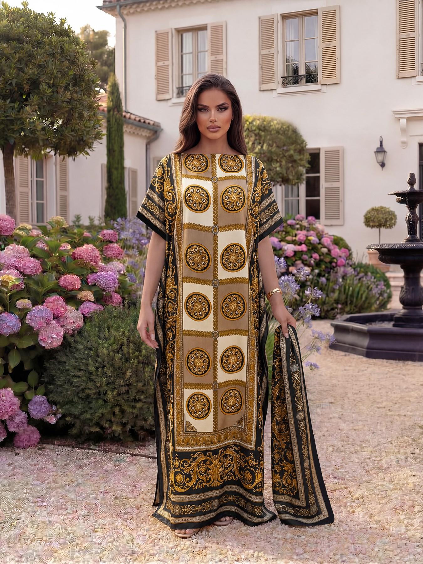 Women's Boho Style Long Robe Set, Fitted All-Over Print Shawl Dress, Sun Protection Silk Scarf, Beachwear for All Seasons