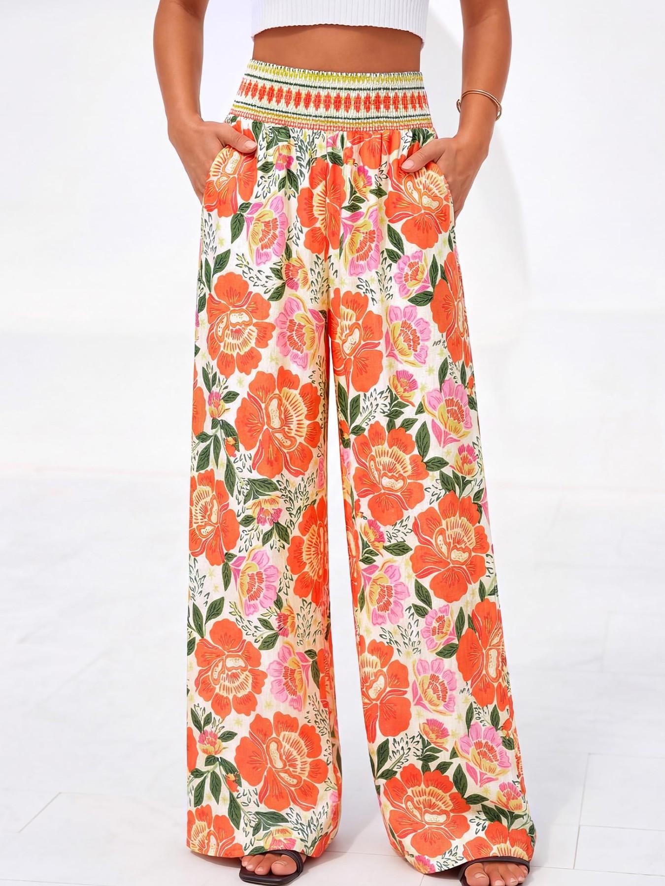 New Summer Bohemian Casual Comfortable High-Waisted Elastic Loose Wide-Leg Bottom Pants, Printed Floral Long Trouser Pants for Women, Essential for Daily and Vacation Wear