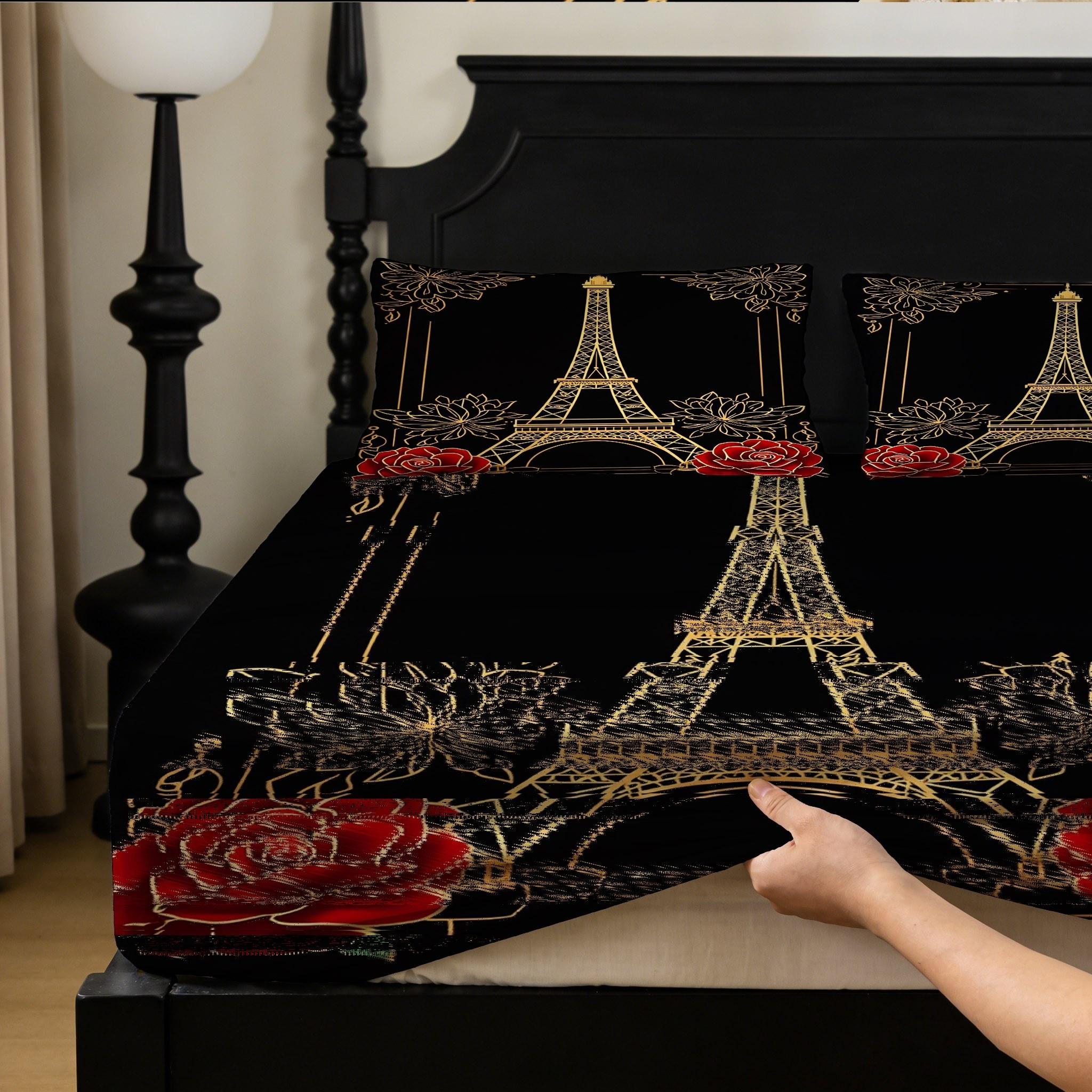 2/3 Pcs Paris Tower,Rose Theme Pattern Bedding Fitted Sheet Set(1* Fitted Sheet+1/2* Pillowcase,core Free),machine Washable,zipper Seal,multiple Sizes Suitable For All Seasons,suitable For Bedrooms,perfect Gift Festivals