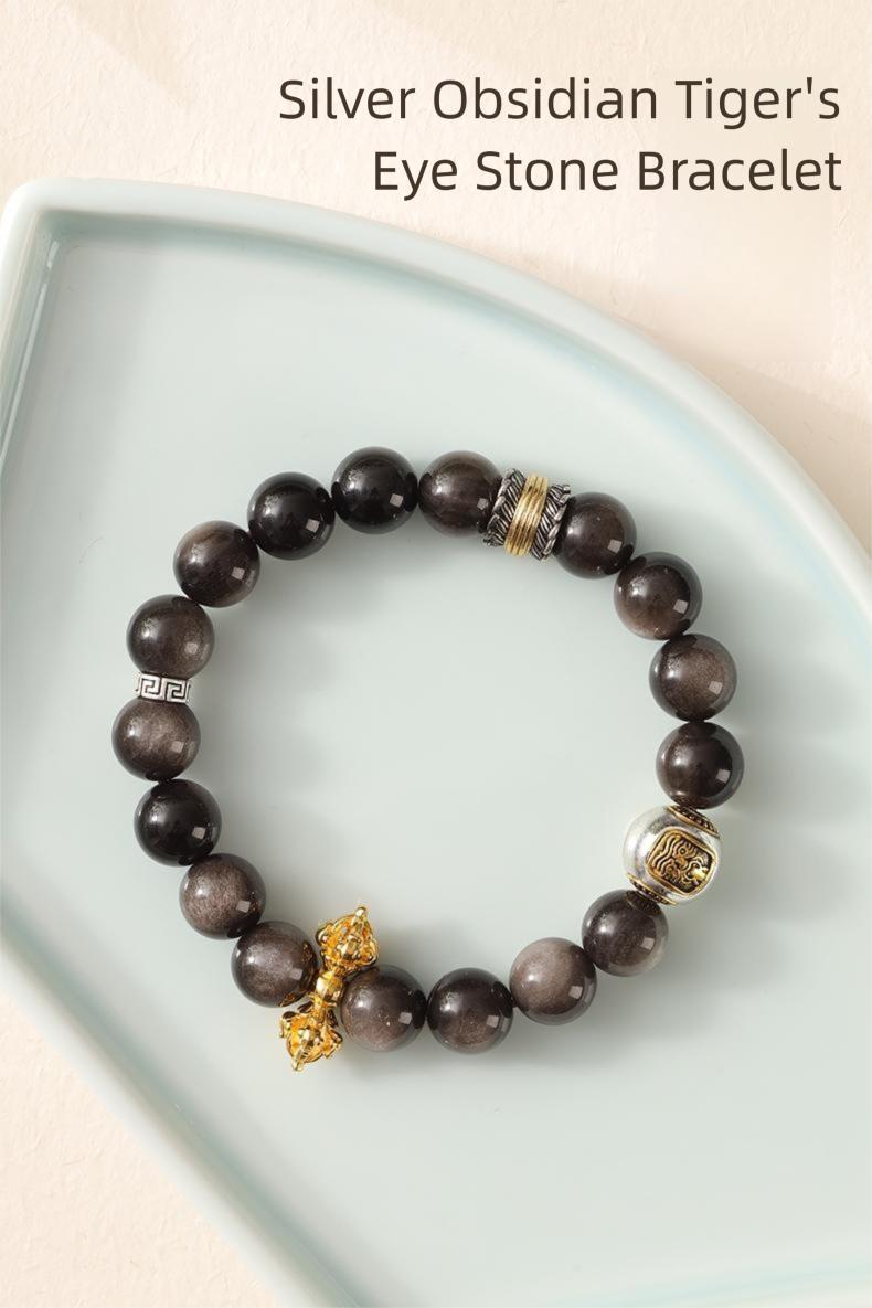 [Wealth Blessing] crystal bracelet, silver obsidian Tibetan silver sand gold, unisex, daily wear gift, 10mm beads natural stone, wealth blessing symbol