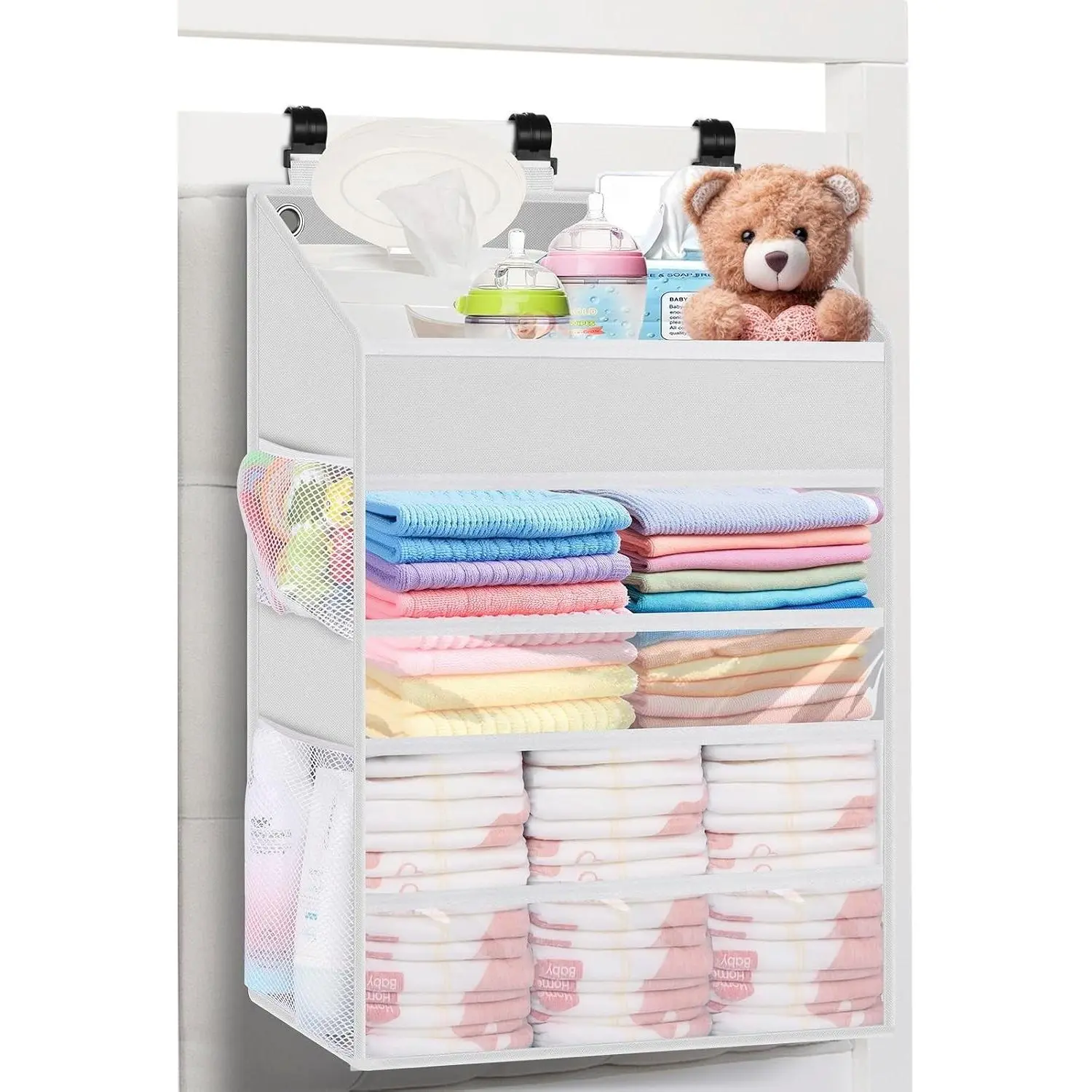 Hanging Diaper Caddy Organizer for Nursery - Spacious Baby Changing Table & Playpen Wall Storage Holds 90+ Diapers, White(Gift)